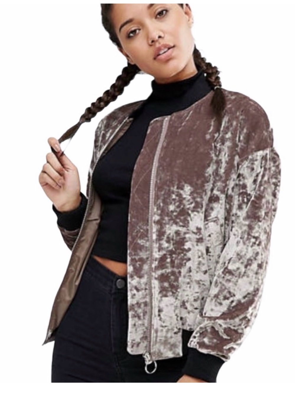 Crushed Velvet Bomber Jacket in Taupe - Women’s Casual Coat